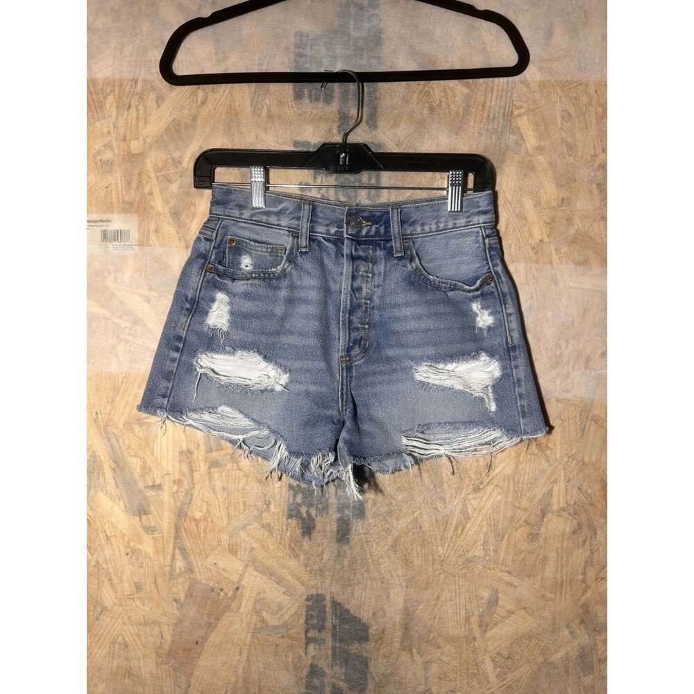 Cello Shorts Women Large Blue Distressed High Rise Denim Button Fly Frayed Hem